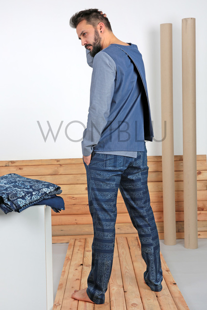 Indigo-schliches Schlupfhemd (BW), klassische Hose aus handbedruckter Baumwolle mit Blaudruck