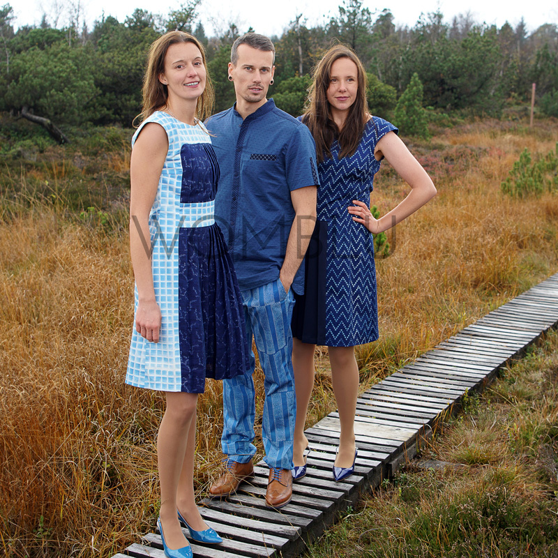 INDIGO_2  Titel  | Kleider mit Karo- und floralem ZickZack-Muster, Herrenhemd, Blaudruck-Hose