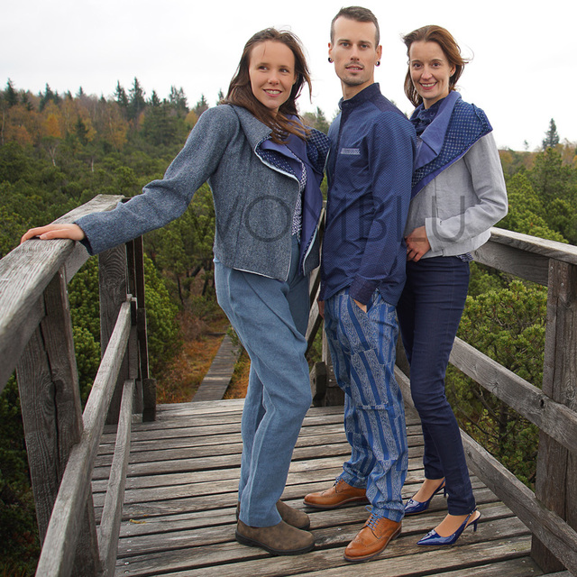 INDIGO_2   | Damenjacken aus Hanf und Harris-Tweed; Langarm-Herrenhemd jeansblau, Blaudruck-Hose