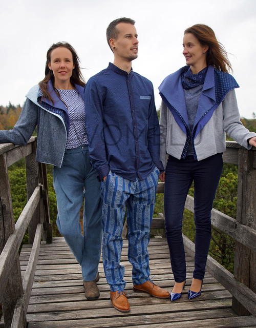 INDIGO_2  |  Damenjacken aus Hanf und Harris-Tweed; Langarm-Herrenhemd jeansblau, Blaudruck-Hose
